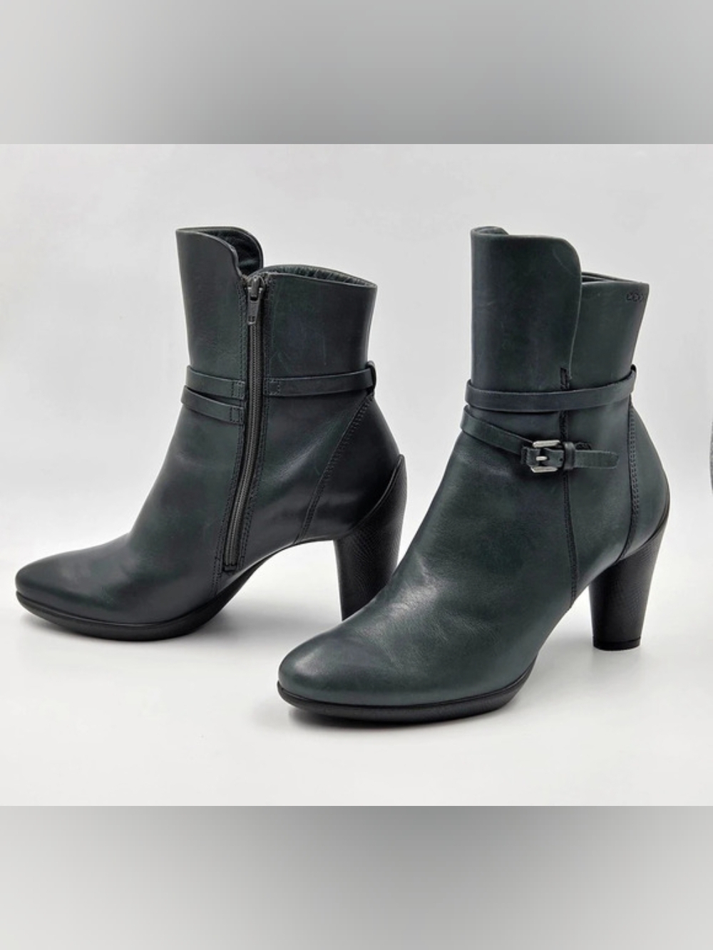 NWOB ECCO Leather Ankle Boots Side Zip Buckle Heel Dark Teal Green 39 US 8-8.5